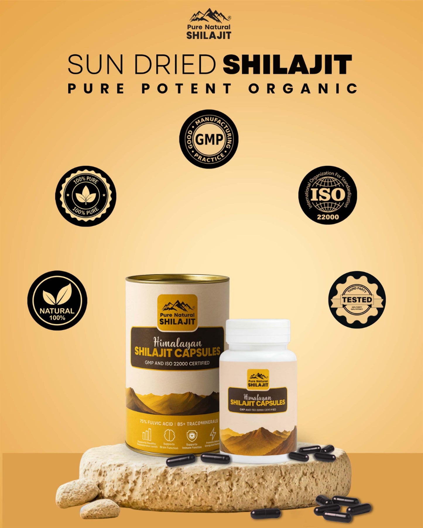 Himalayan Shilajit Capsules , Gold Grade Sun Dried Shilajit Capsules